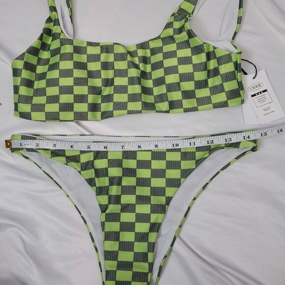 NEW Cider lime green checkered two piece cheeky bikini‎ swimsuit M - Picture 7 of 8